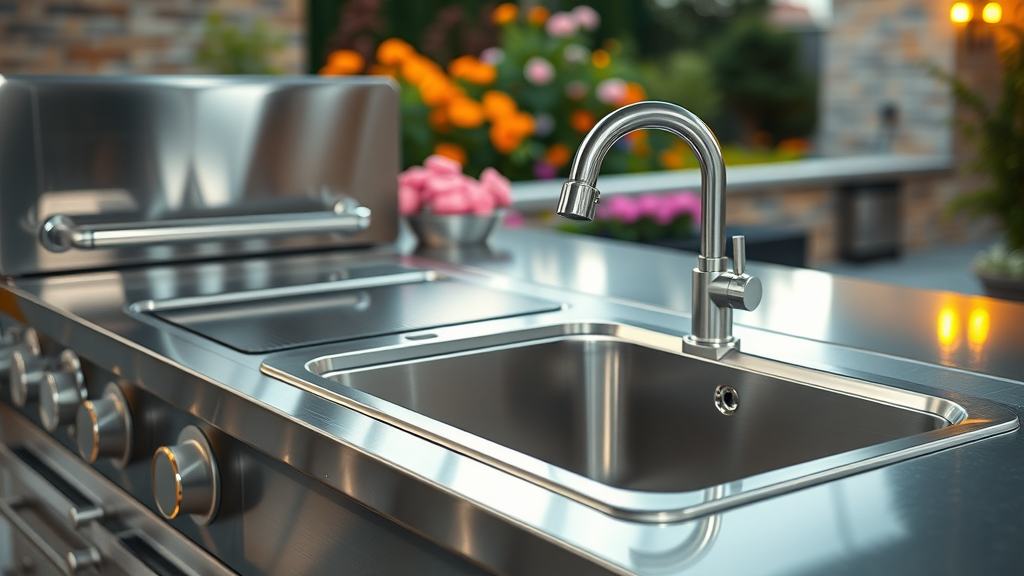 polished stainless steel outdoor kitchen with kitchen sink, premium grill, outdoor kitchens with garden, metallic silver tones, kitchen design
