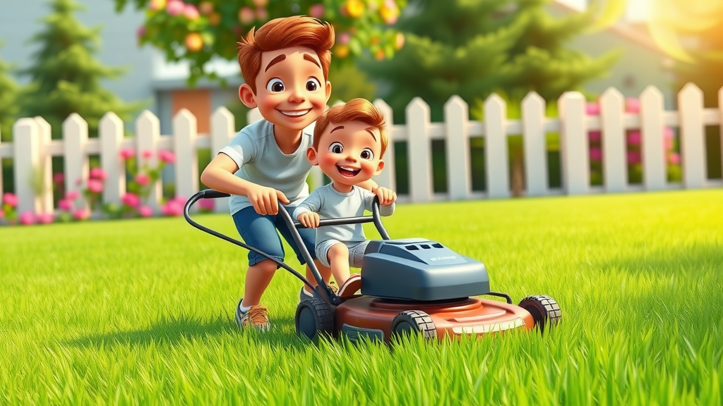 lawn care family mowing lush green lawn cartoon DIY care vibrant flowers picket fence
