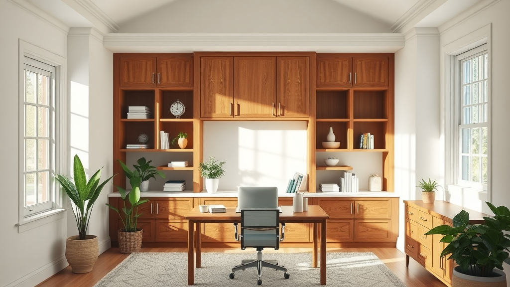 Handcrafted custom home office cabinets displaying orderly workspace.