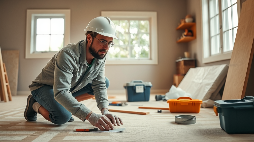 organized workspace with homeowner preparing tools for fixing drywall cracks yourself