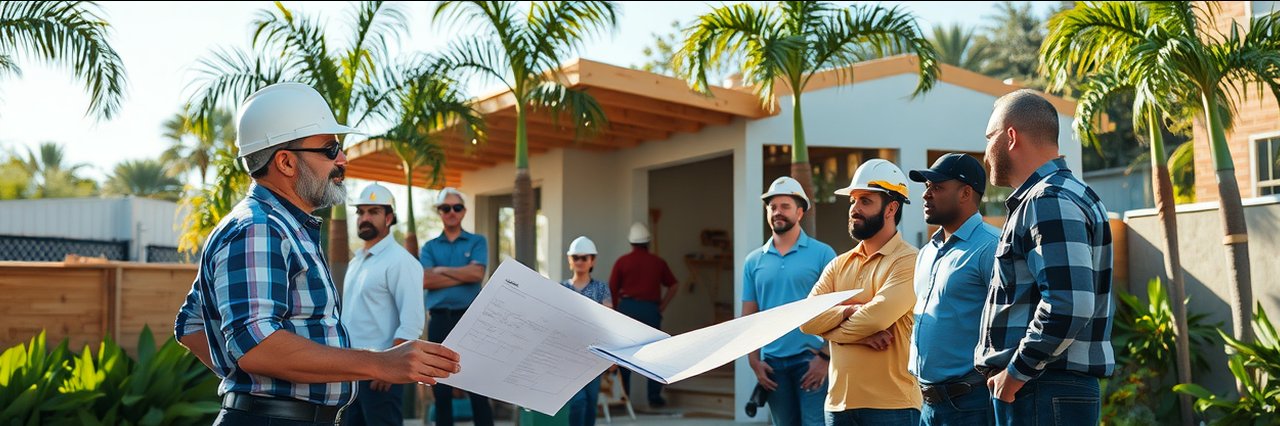 ADU contractor in Los Angeles reviewing plans at contemporary construction site