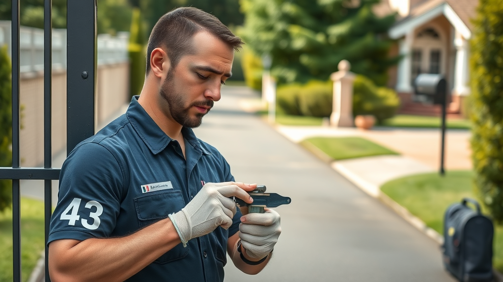 Gate installation repair expert fixes metal hinge at home entrance.