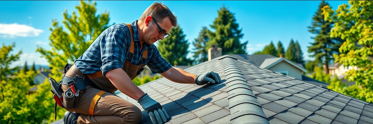 Expert roofer in Mill Creek Washington repairing home roof with lush trees in background
