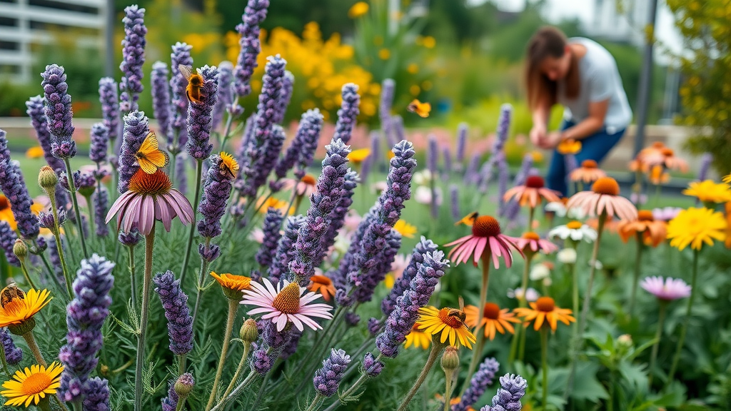 sculptural native plant bed with lavender, coneflower, yarrow and pollinators in sustainable low-maintenance landscaping