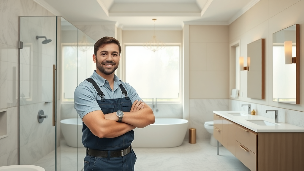 Bathroom remodeler in Citrus Heights, California, standing in new modern bathroom