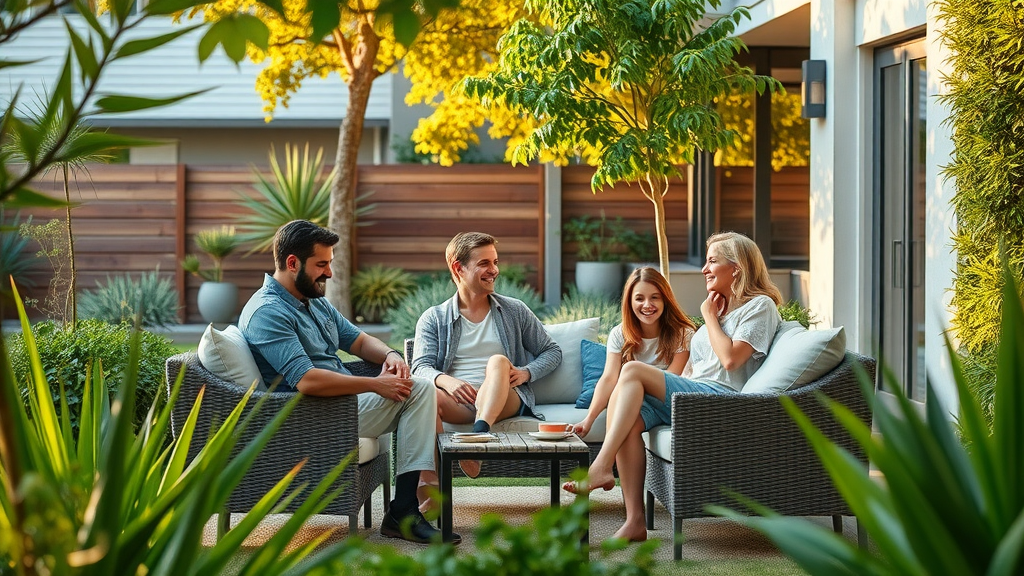 family relaxing in inviting modern backyard with lush landscaping outdoor living