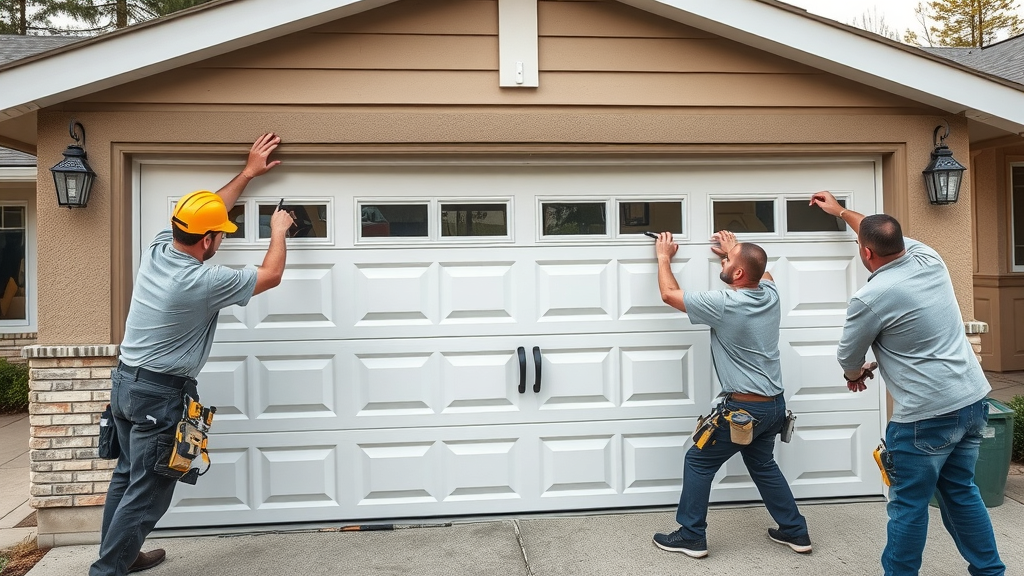 professional technicians installing contemporary double garage doors, residential garage doors installation process with safety gear