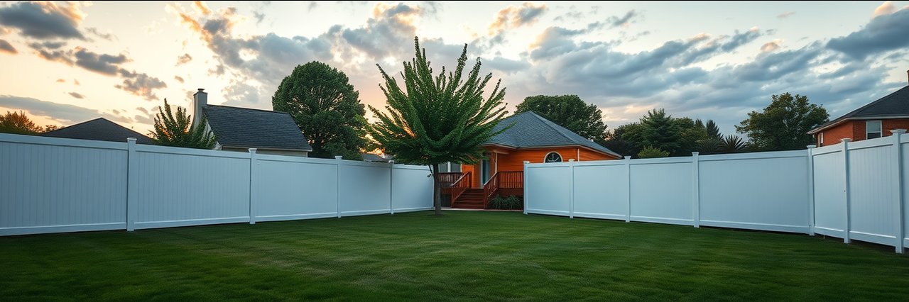 Backyard with white vinyl privacy fence at sunset, highlighting vinyl and chain link fencing