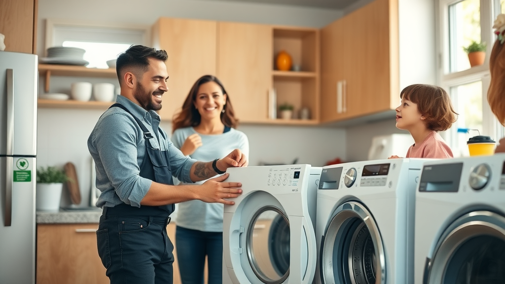 appliance repair technician rapidly fixing washing machine for smiling family in a modern kitchen