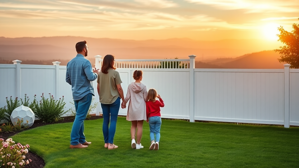 Happy family enjoys new vinyl fence installed by fencing contractors near Newbury Park, CA