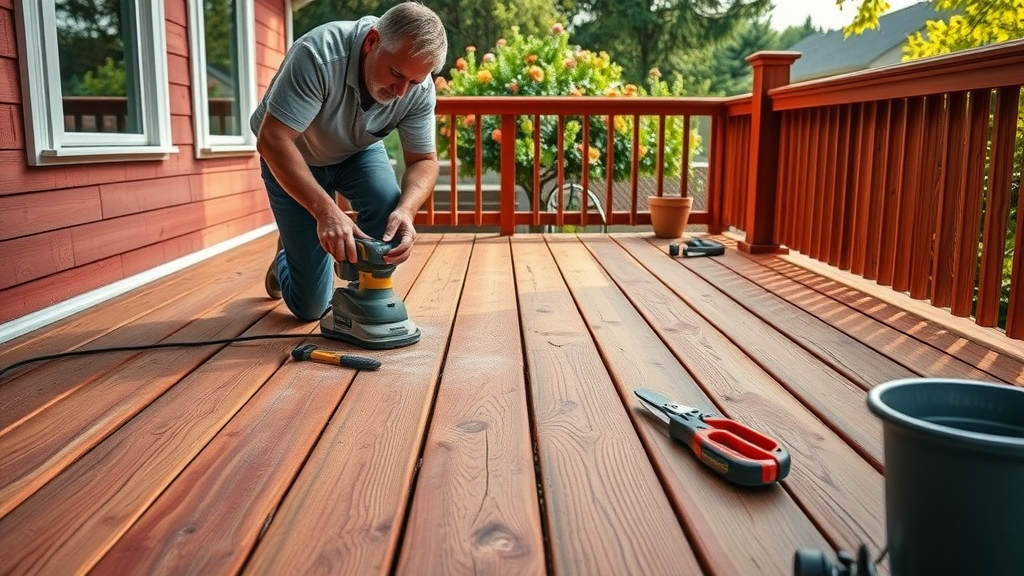 Deck restoration expert sanding redwood deck in Redwood City, California.