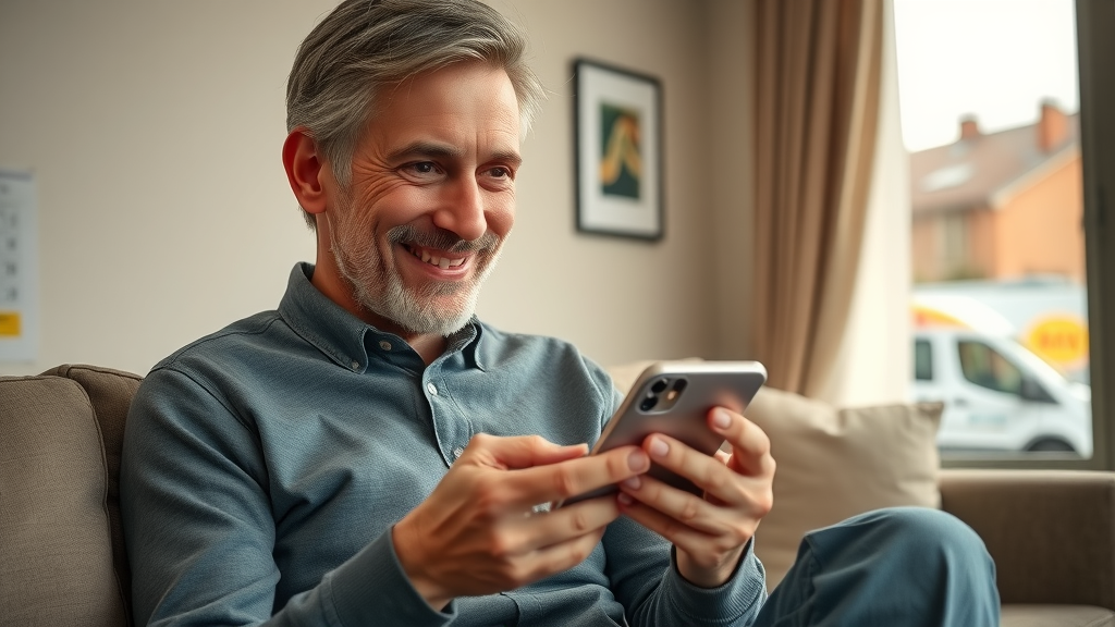 homeowner booking appliance repair service by smartphone in cozy living room environment
