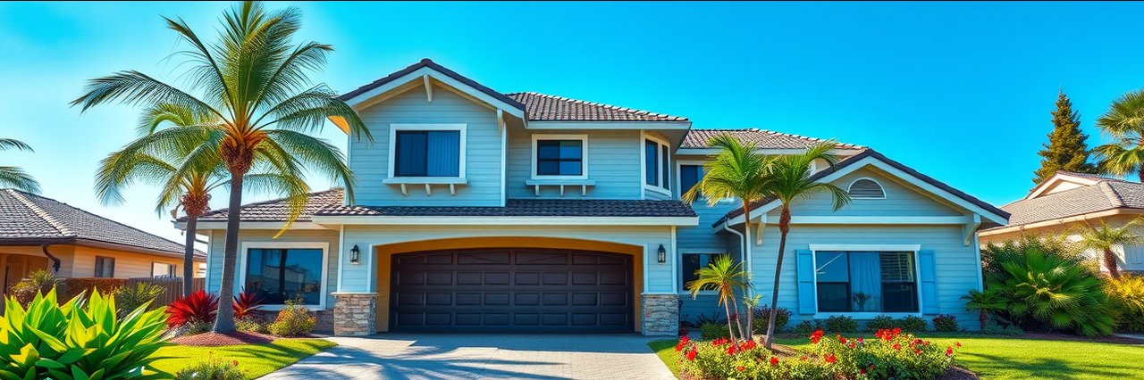 Modern coastal home with tropical landscaping and blue siding.