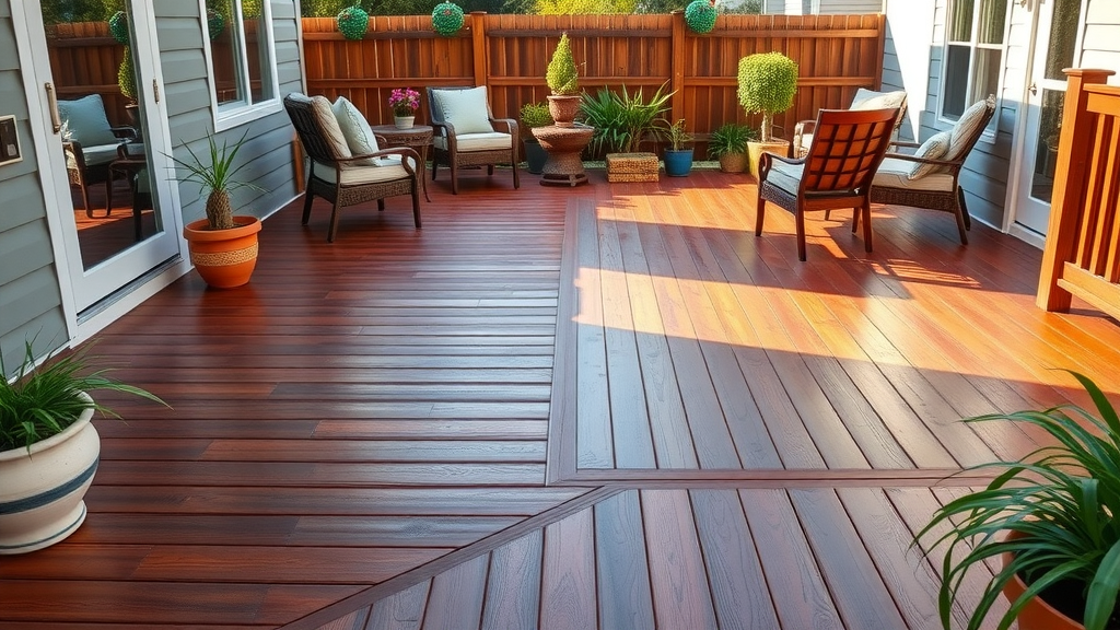 Freshly restored deck in Redwood City California, vibrant wood and garden setting.