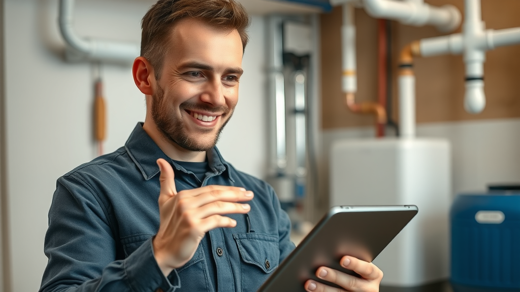 Friendly certified plumber using a tablet to assess plumbing, reassurance for homeowners
