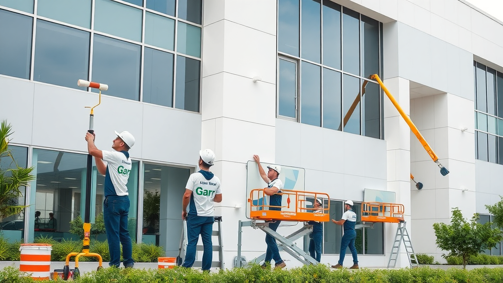 Professional commercial painting contractors working on a modern office exterior