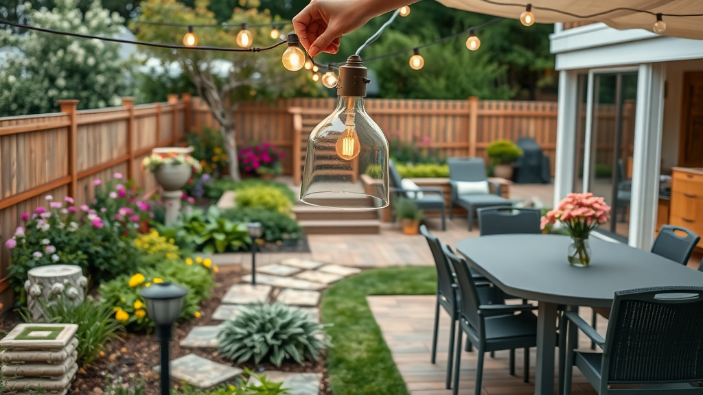 hands installing solar path light and arranging string lights, outdoor lighting installation DIY