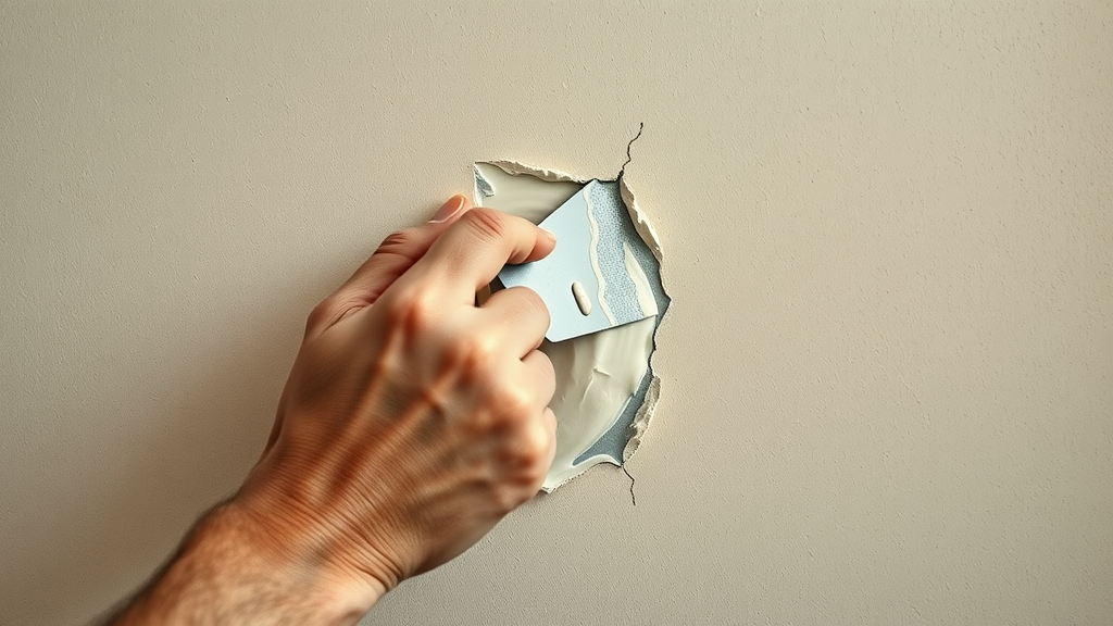 close-up of putty knife smoothing joint compound over foundation wall crack during DIY drywall repair