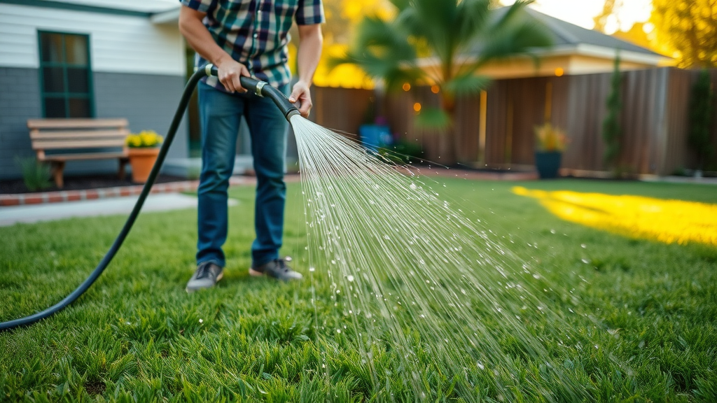 Homeowner watering a freshly aerated lawn, ensuring optimal post-aeration care for vibrant green grass