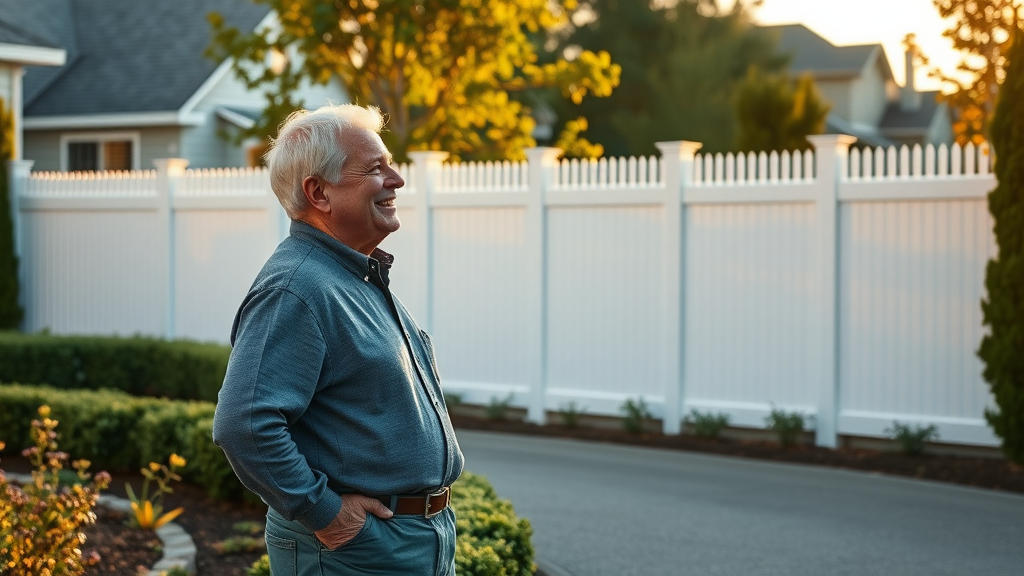Durable vinyl fence benefits admired by homeowner with landscaped driveway