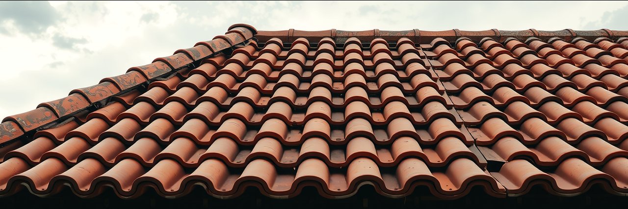Terracotta tile roof close-up under cloudy sky for flat roof repairs SEO.