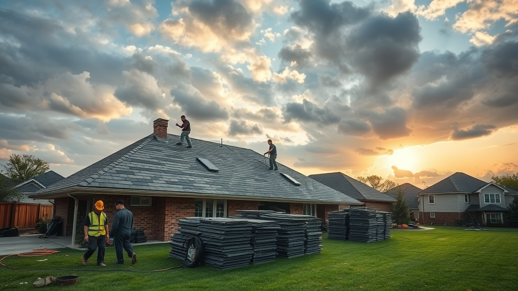 Roofing crew restores storm-damaged roof in McKinney, Texas neighborhood after hailstorm.
