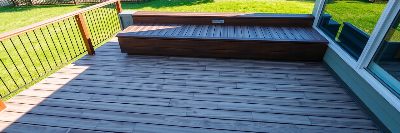 Modern composite wood deck with built-in bench, Tacoma roof replacement context