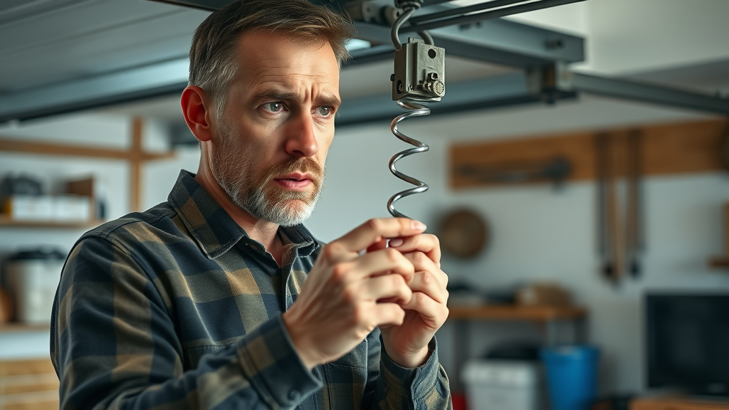concerned homeowner inspecting worn garage door spring for maintenance, residential garage, safety inspection, preventing garage doors failure