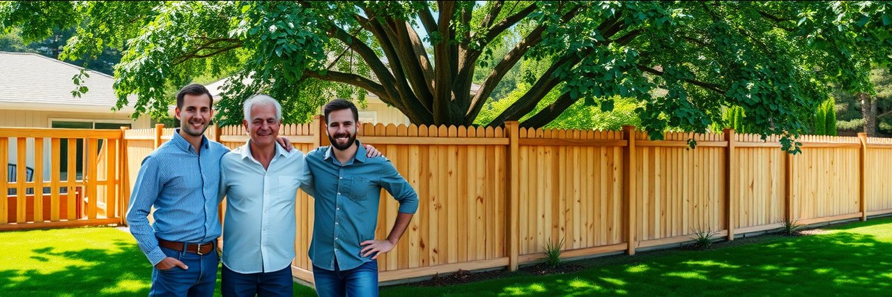 Happy team poses by new wooden fence after gate installation repair in sunny yard