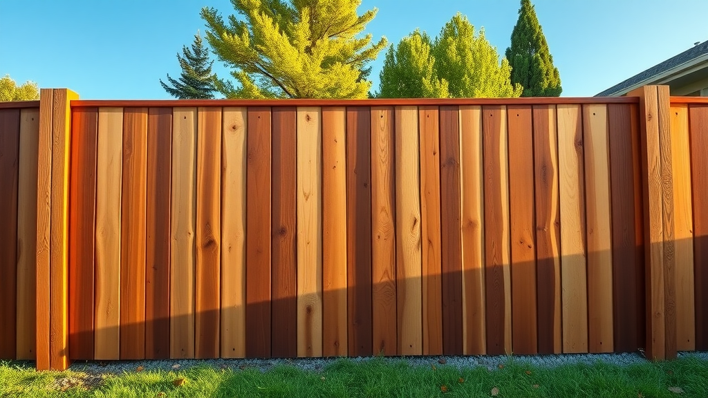 Expertly crafted redwood fence in San Ramon California, lush garden, sunny day.