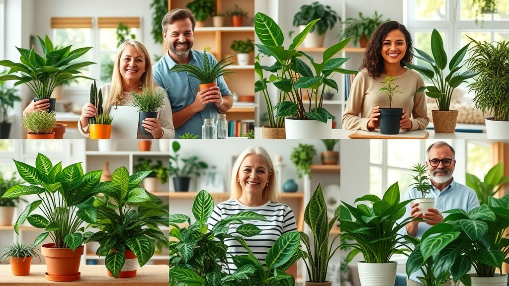 Bright collage of smiling customers with their favorite indoor plants in homes, joyful activity, multicolored plant leaves, cozy backgrounds
