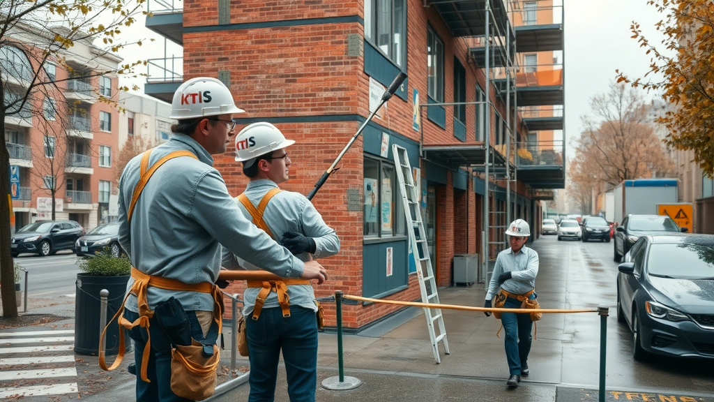 Seattle painting company crew working on apartment building facade.