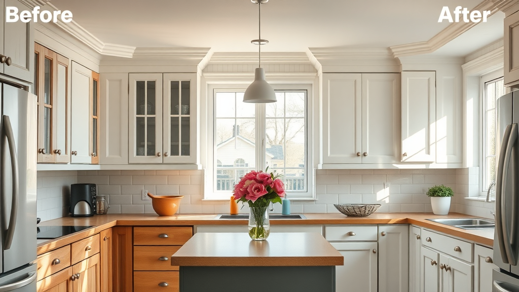 Before and after kitchen cabinet painting transformation side by side