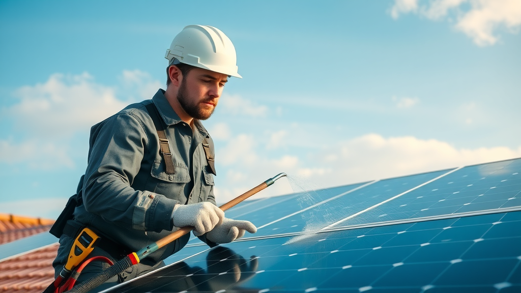 Technician cleaning solar panels on roof to ensure optimal solar energy for homes