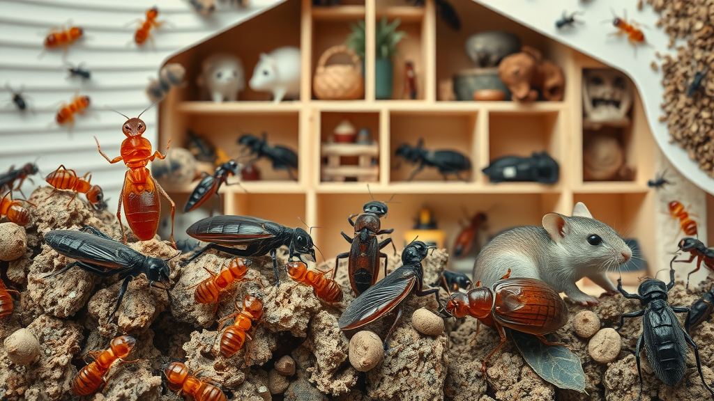 cross-section of home showing termites, ants, cockroaches, rodents in pest control context