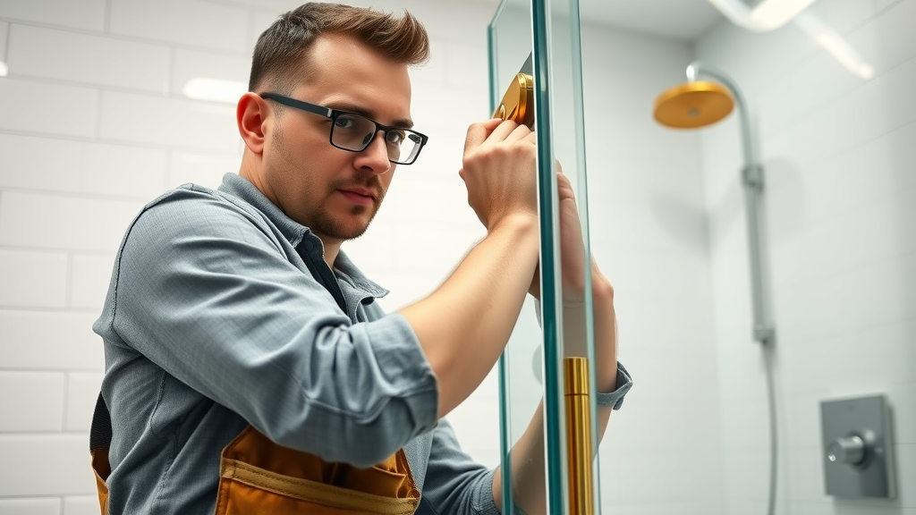 Expert installing glass shower door in Valencia, CA bathroom with sleek modern hardware