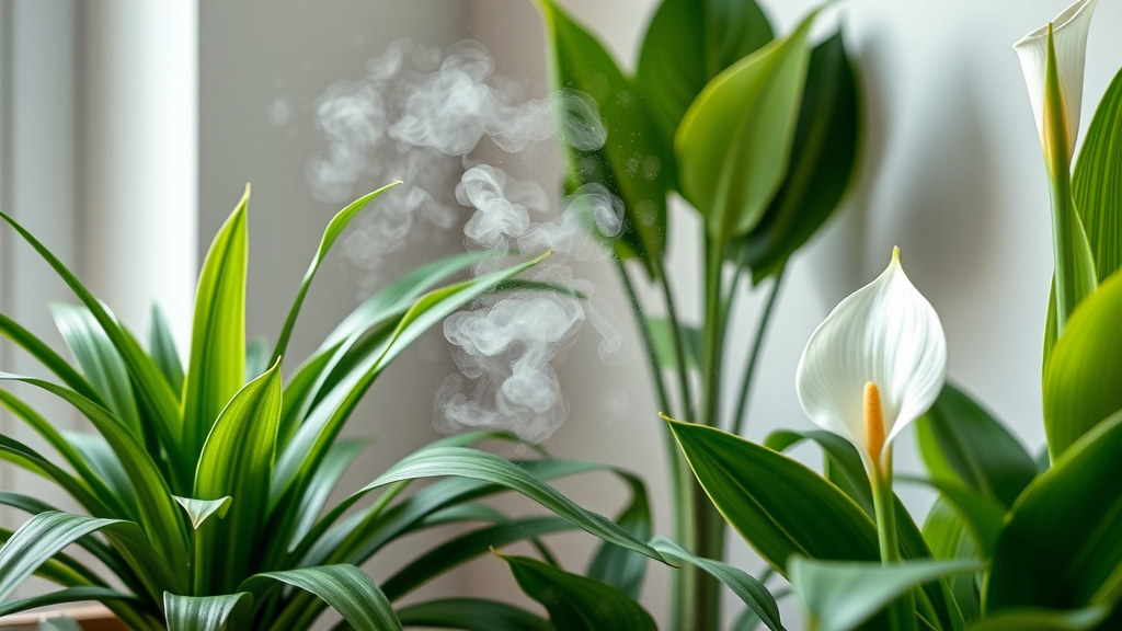 Detailed close-up of various air-purifying houseplants (spider plant, snake plant, peace lily) with visible clean air emission, serene vibe, indoor corner with freshly potted plants, purified air movement, vivid greens and whites