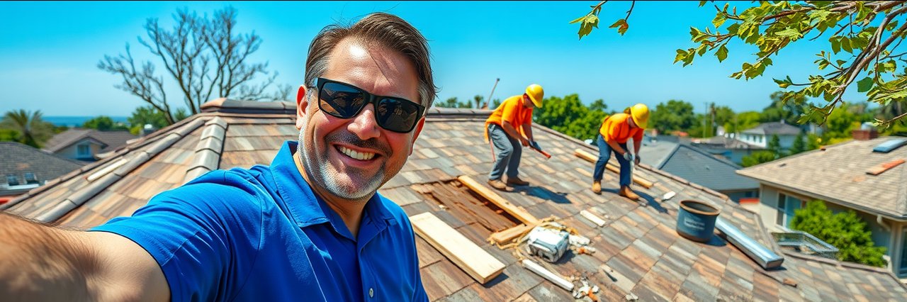 Crew repairing roof after storm damage, workers removing shingles, storm damage roof repair in progress.