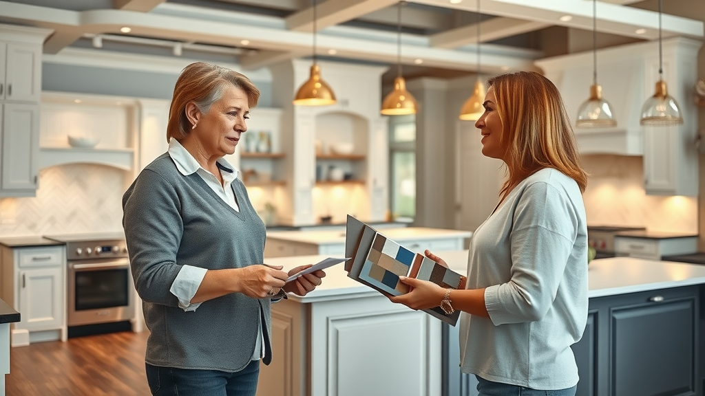Kitchen contractor in Bellevue showroom with homeowners, Kitchen Contractors in Bellevue Washington.