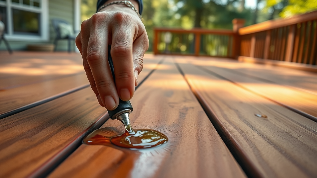 Eco-friendly deck restoration in Redwood City, California, close-up of stain application.