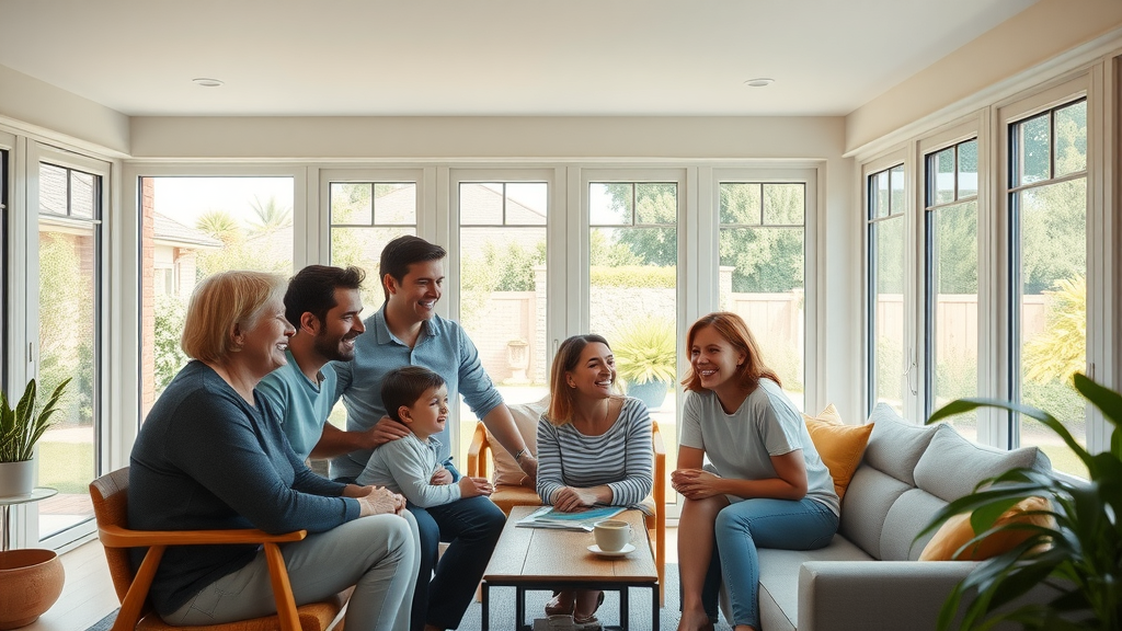 Family in San Jose custom home addition sunroom with garden view