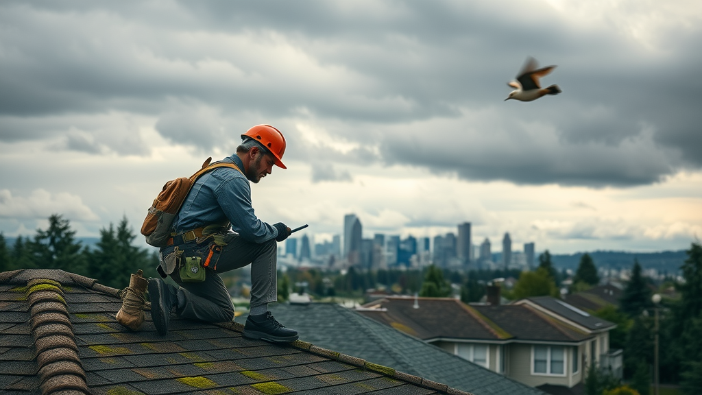 Roofing contractor in Portland Oregon inspects roof in stormy neighborhood