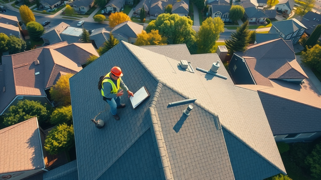Drone view capturing professional roof inspection services and neighborhood roofs