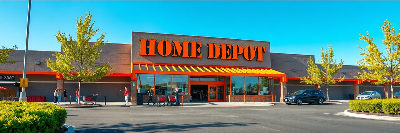 Vibrant Home Depot Eugene Oregon storefront with shoppers and signage