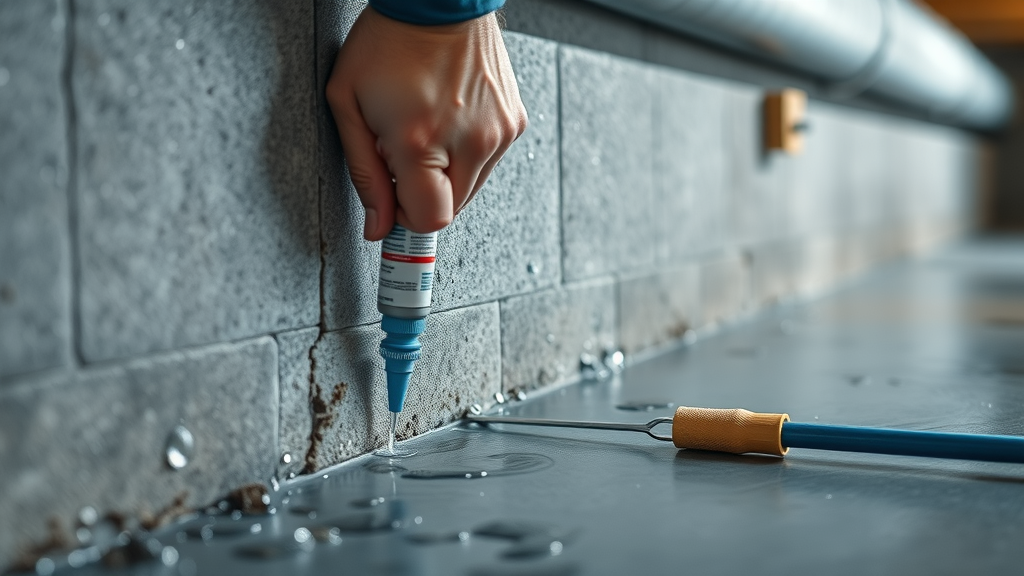 Technician sealing basement crack with waterproofing services Walpole, MA