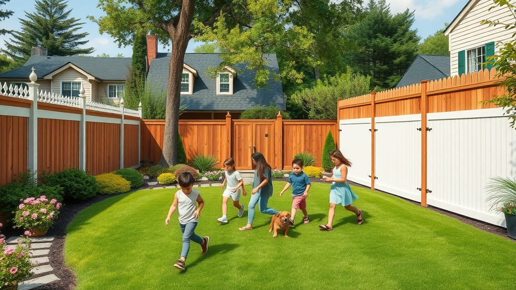 Backyard with aluminum wood and PVC fences and a family enjoying outdoors