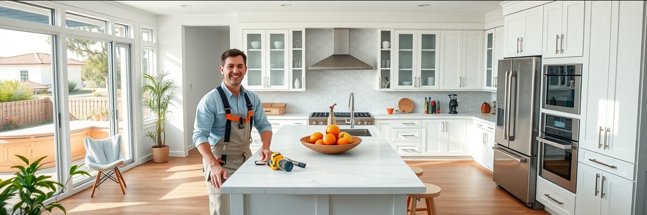 Smiling kitchen remodeler in Campbell, California installing modern cabinets.