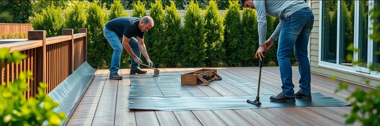 Deck waterproofing in Paramount, CA: workers sealing a backyard wooden deck