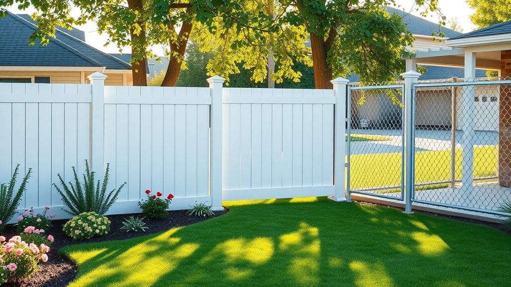Modern yard with vinyl and chain link fencing for durable, low-maintenance security.
