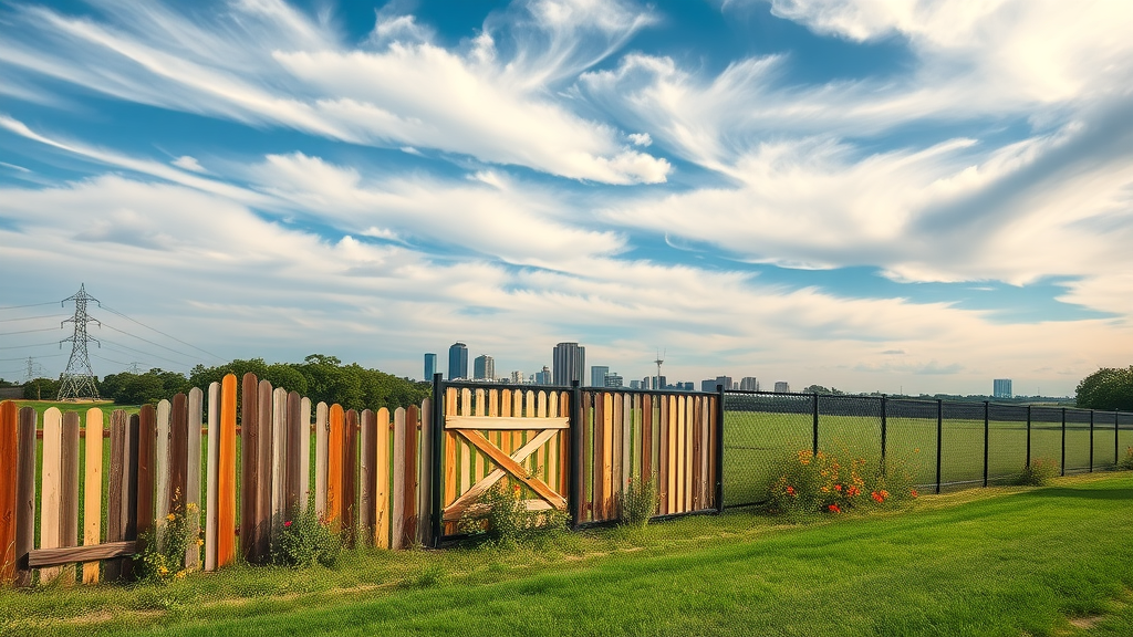 Four fence types in Austin—wood, vinyl, iron, chain link—against city skyline